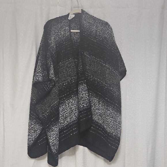 Woolrich Sweaters - Woolrich Black and Gray Poncho Sweater with Geometric Stripes